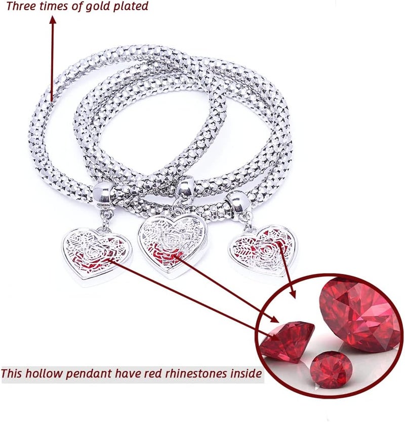 SILANER Crystal Charms Multilayer Bracelets - 3PCS Gold/Silver/Rose Gold Corn Chain Bracelet for Women, Tree of Life Heart Shaped Stretch Bracelet - Image 2